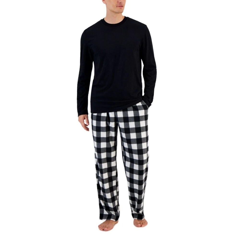 CLUB ROOM Pajama Set Mens Medium Black Check Buffalo Plaid Fleece Cozy PJ